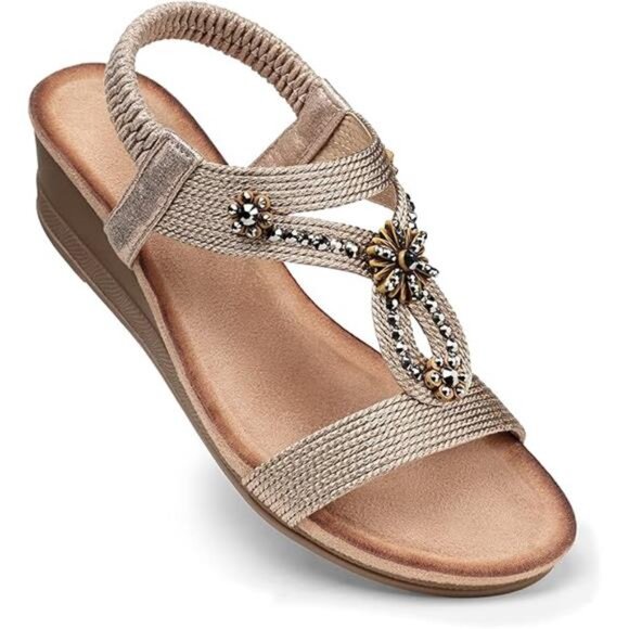 Womens Wedge Sandals Flower Low Heel Dressy Sandals (Elastic Ankle) - Picture 7 of 7